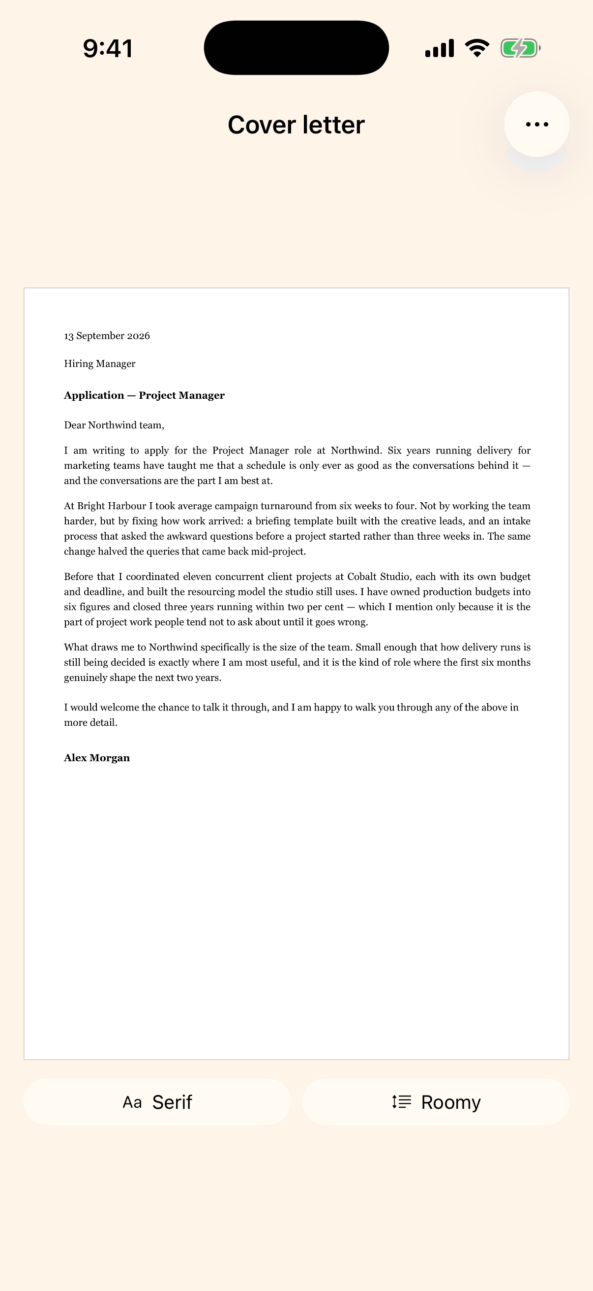 A generated cover letter shown as a formatted page.